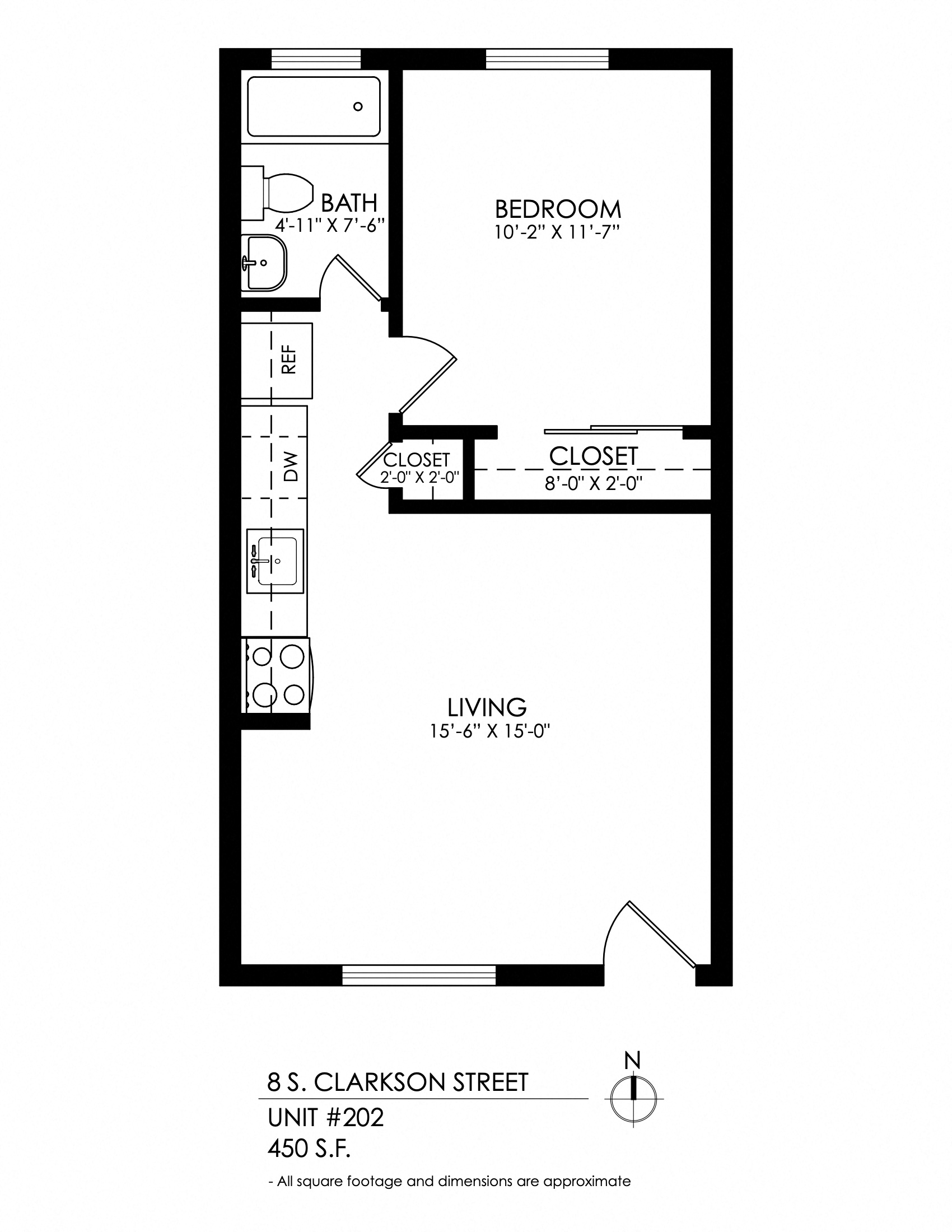 Floor plan for 1 bed, 1 bath, 450 sqft